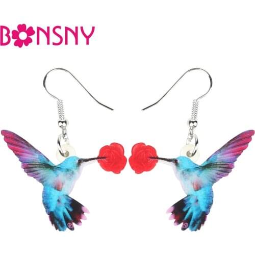 Bonsny Acrylic Flower Flying Hummingbird Bird Earrings Dangle Drop Unique Jewelry For Women Girls Pet Lovers Charms Lots Gift