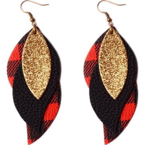 Rainbery Three Layers Glitter PU Leather Earrings for Women Leaf Zebra Lattice Dangle Earring Fashion Jewelry Accessories Gift