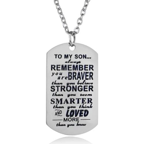 Inspirational Stainless Steel Gift To My Son Remember Braver Stronger Smarter Dog Tag Necklace Family Children Boy Jewelry