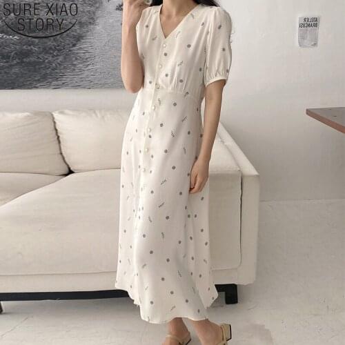 Floral Print Dress Women High Waist Short Sleeve Midi Long Dress Korean Summer Sweet V-neck Casual Single Breasted Dress 14888