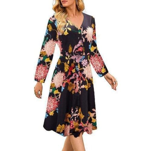 Stylish Women Dress Flower Print V Neck Casual Dress Pleated Waist Autumn Buttons Pleated Waist Large Hem Dress for Wedding
