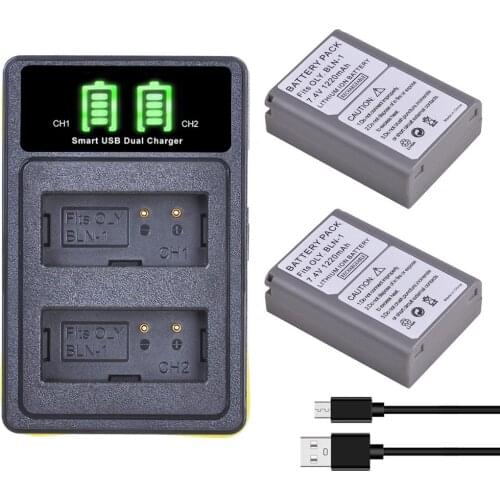 2pcs For Olympus BLN-1 Rechargeable Batteries + dual usb charger for Olympus OM-D E-M1 E-M5 Mark II PEN-F E-P5 EM1 EM5 PENF EP5