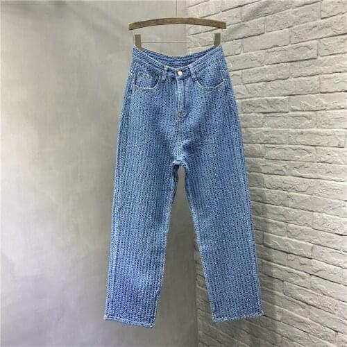 2021 spring summer street fashion women knitted weave denim long jeans high waist straight loose plus size casual pants 4XL A412
