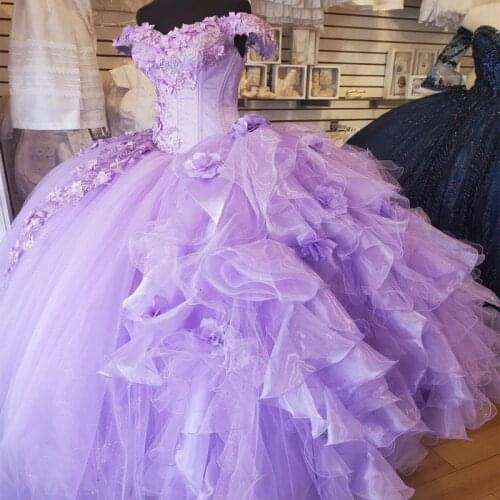 2021 Luxury Lavender Queen Quinceanera Prom dresses Ball Gown with Sleeves lace-up 3D Floral Flowers Lace Sweet 15 Evening gown