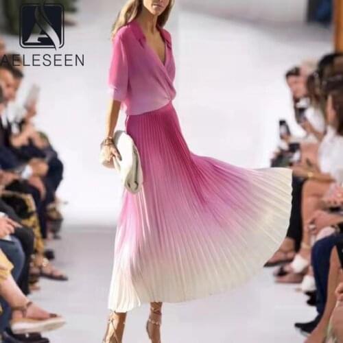 AELESEEN Runway Fashion 2 Pieces Sets Summer New Arrival Elegant Blouse+Long Pleated Skirt Gradient Print Ladies Twinset