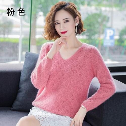 ATTYYWS 21New fall/winter mink sweater womens v-neck pullover hollow bottoming shirt loose knit woolen sweater short large size