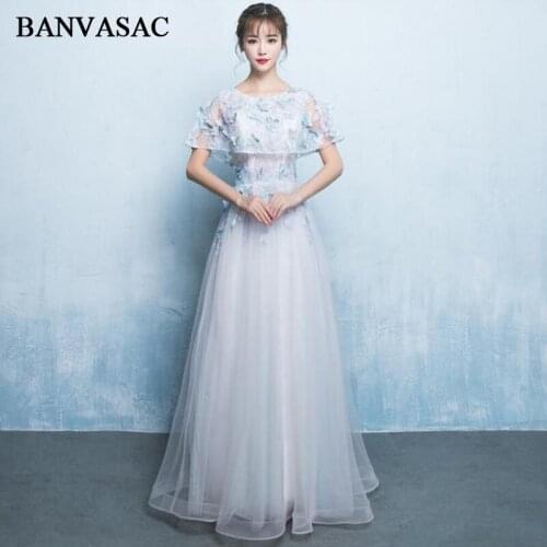 BANVASAC 2018 A Line O Neck Butterfly Appliques Long Evening Dresses Elegant Lace Short Sleeve Party Prom Gowns