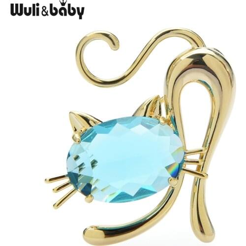Wuli&baby Crystal Running Cat Brooches For Women Designer Blue Pink Cat Pet Animal Party Office Brooch Pin Gifts