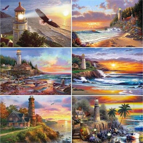 EverShine Diamond Painting Sunset Rhinestones Diamond Mosaic Scenic Embroidery Full Square Lighthouse Cross Stitch Home Decor