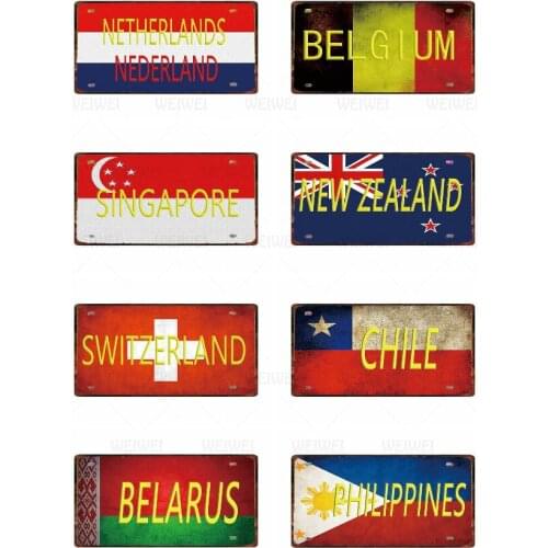 Country Flag+Name License Plate Bar Wall Decoration Tin Sign Vintage Metal Sign Home Decor Painting Plaques Poster