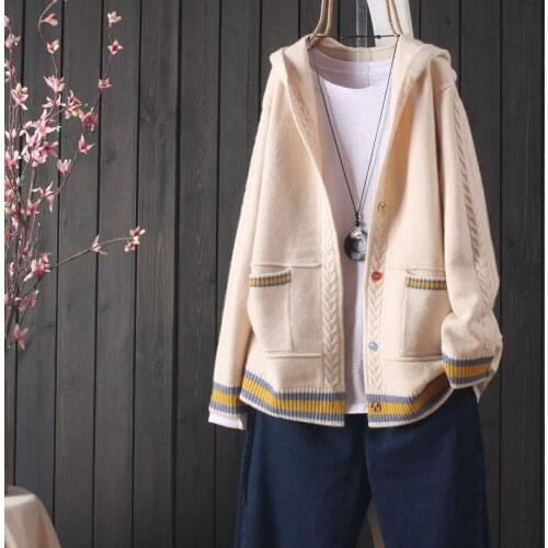 Casual Hooded Sweaters New Arrival 2021 Autumn Korea Fashion Women Long Sleeve Single Breasted Knitting Cardigan Loose