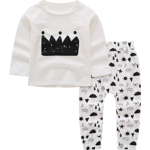 New 2020 Autumn Baby Boys Girls Clothing Sets Infant Clothes Suits 2pcs white Crown printing Cotton Long Sleeve Top+Pants Outfit