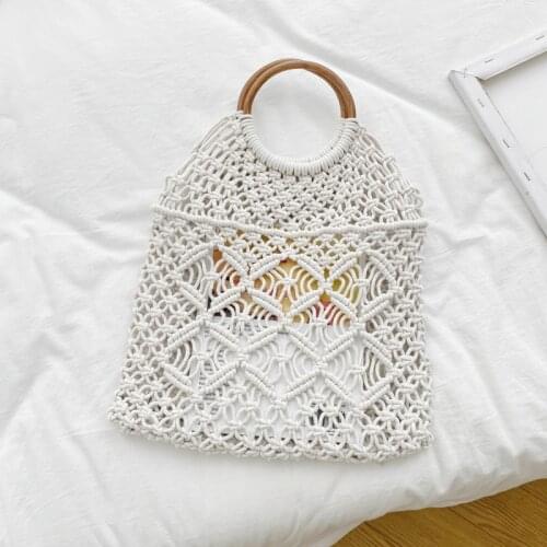 Summer Womens Bags Lady Top Handle Handbags Cotton Knitting Hollow Bags Female Bracelet Bag Middle Woven Beach Bag Whole Sale