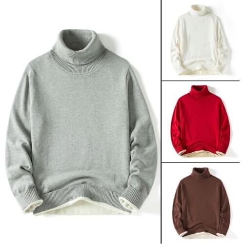 Mens sweaters 2021 winter youth slim-fit sweaters casual high-neck pullovers plus velvet thick sweaters mens high-quality tops