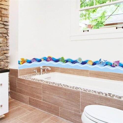 Fish Swimming In Sea Wave Wall Stickers For Kids Room Bathroom Baseboard Home Decoration Cartoon Animal Mural Art Diy Pvc Decals