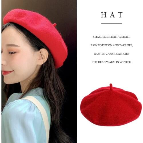 Girl Solid Color Beret French Artist Warm Wool Winter Beanie Hat Retro Vintage Plain Beret Solid Color Elegant Ladies Winter Hat