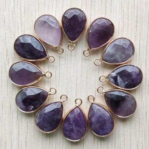 Wholesale 12pcs/lot natural amethysts stone section water drop shape gold color Connector pendants for jewelry making free
