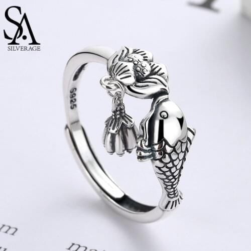 SA SILVERAGE Couple Ring Jewelry Lotus Fine Jewelry Womens Rings Mens Ring Fish S925 Pure Silver Ring Retro National Carp Ring