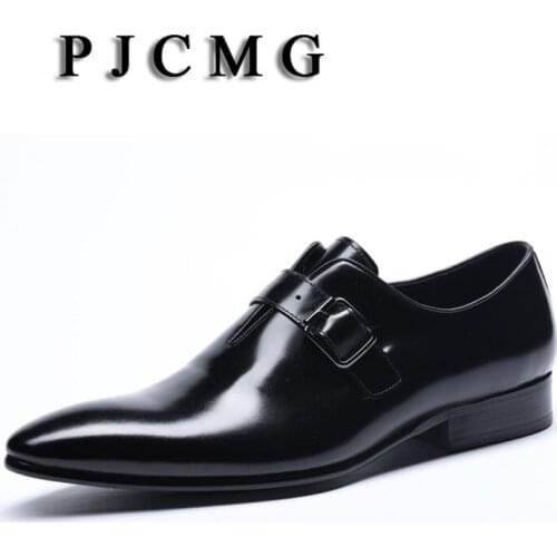 PJCMG Fashion New Black/Red Flats Formal Mens Dress Buckles Pointed Toe Genuine Leather Business Man Wedding Shoes