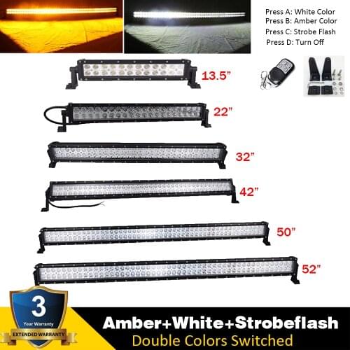 Straight/Curved 7/13.5/22/32/42/50/52"inch LED Light Bar Amber/White/Strobeflash Wireless Remote Dual Colors Offroad Driving