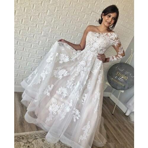 2020 Romantic One Shoulder Wedding Dresses Long Sleeve Appliqued Bridal Gowns Saudi Arabic Sweep Train Plus Size Wedding Dress