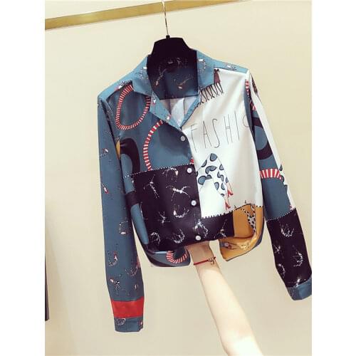 Spring Autumn Womens Contrast Color Shirt New Korean Retro Printed Shirt Women Loose Fashion Long-sleeved Shirt Woman GD272
