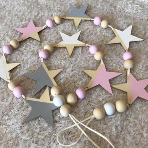 Nordic Wooden Beads Stars Hanging Banners Girl Baby Room Wall Hanging Decorations