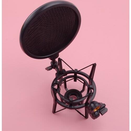 Black Studio Microphone Shock Mount Stand Holder with Wind Screen Shiled Pop Filter Mask