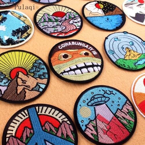 Pulaqi Adventure Series Embroidered Patches For Clothing Stripe Wildness Traveling Sticker On Clothes Badge Round Patch Applique
