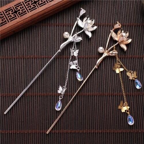 Flower Hair Pins Clips with Butterfly Tassel Chinese Style Hanfu Clothing Chopsticks Metal Hair Stick Forks for Women Headpieces
