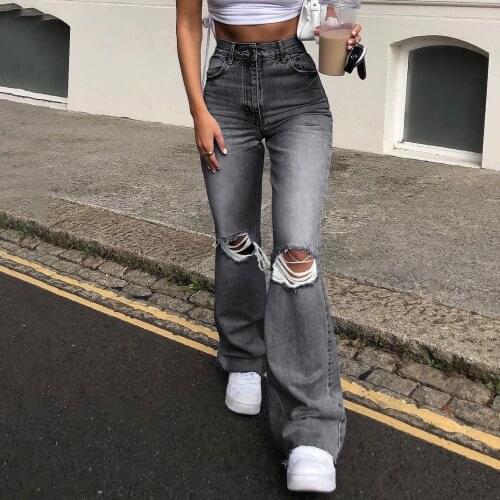 Women Vintage Ripped Flare Bell Bottom Jeans High Waisted Wide Leg Loose Denim Pants Casual Slim Fitting Trousers with Pocket