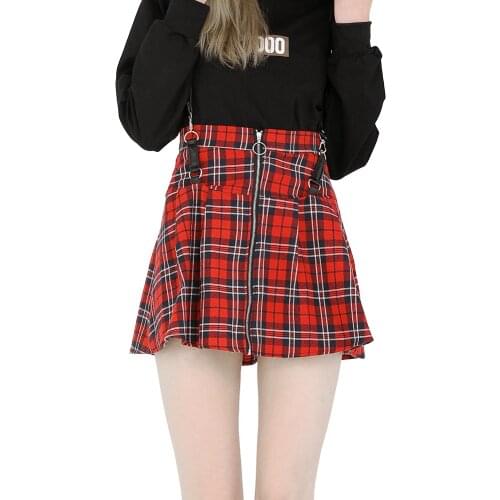 England Punk Womens Skirts Vintage Plaid Cross Skirts with PU Straps High Waist Skirts Female Sexy Casual Skirts New Ins