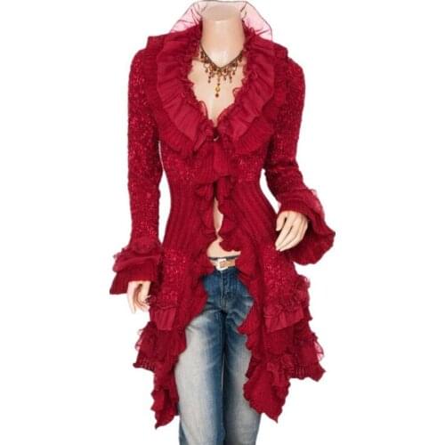 2021 Medieval Vintage Renaissance Coat Women Lace Jacket Victorian Steampunk Stand Collar Lace Up Dress Suit Countess Cardigan