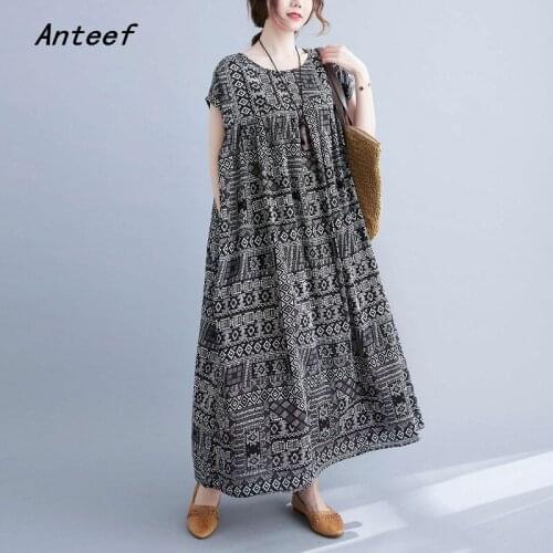 Short sleeve cotton vintage floral dresses for women casual loose long summer dress elegant clothes 2021 sundress
