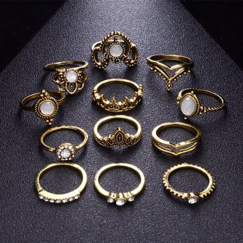12pcs/set Vintage Crystal Opal Knuckle Ring Shellhard Crown Stone Midi Ring Sets Punk Anillos Mujer Fashion Statement Jewellery
