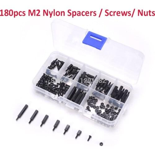 180pcs/set M2 Nylon Hex Thread Standoff Spacers Screws Hex Nuts Hex Spacers Male-Female Size from M2*6 to M2*20 BLACK