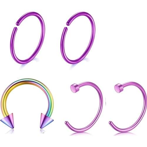 5 Pcs a Set 316L Septum Piercing Nose Hoop Horseshoe Barbell Ring Hypoallergenic 16G Green Purple and Rainbow Fashion Color