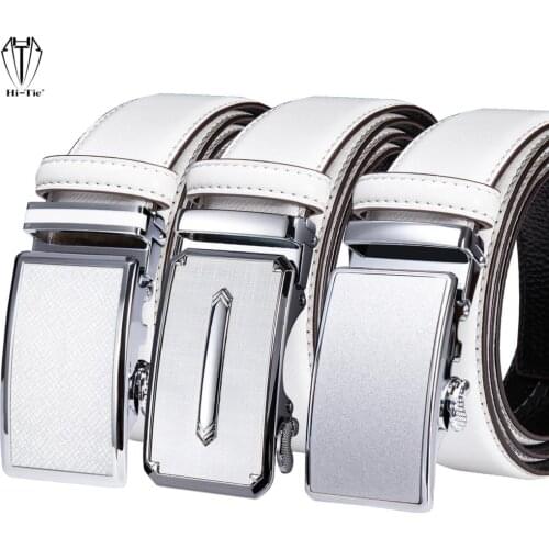 White Genuine Leather Mens Suit Belts 50 Kinds Automatic Buckles Waistband Ratchet Strap for Dress Jeans Formal Casual Wedding