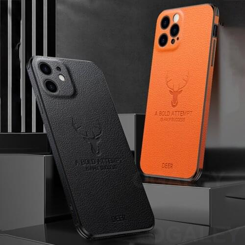 Case on For iPhone 12 Pro Max 11 Pro Max 12 Mini X XS Case Luxury Leather Square Frame Deer Camera Protection Shockproof Cover