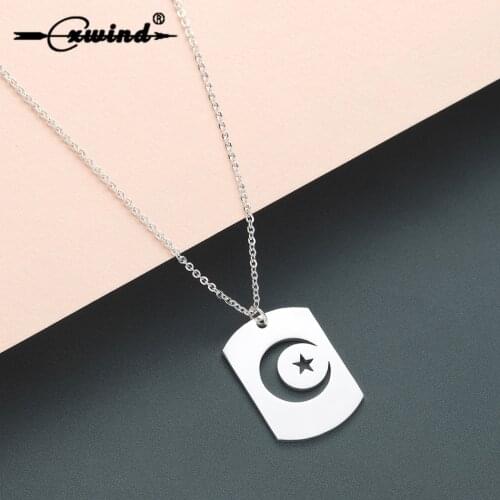 Cxwind Stainless Steel Crescent Moon Star Necklace Night Sky Pendant Necklace Islamic Muslim Dog Tag for Women Choker Jewelry