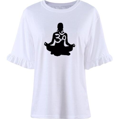 Womens Petal Sleeve Om Aum Silhouette Print T-Shirt Summer Fashion Clothing T Shirt Harajuku Casual Camisetas Female Tops Tees