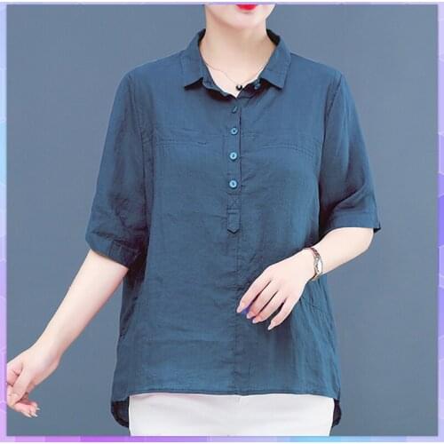 Cotton And Linen Oversized T-shirt Womens Tee Shirt Summer Ramie Short-sleeved Tshirt Femme 2021 Ladies T-shirts Turn-down Tops