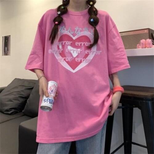 Womens T-shirts Tops Japanese Kawaii Ladies Ulzzang Love Letter Print Loose Tshirt Female Korean Harajuku Clothes For Women