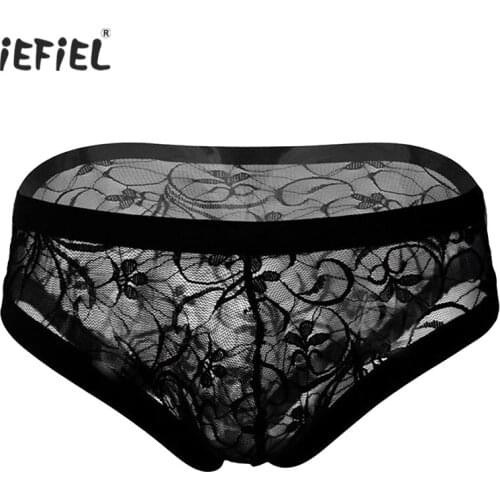 Gay Men Male Panties Sissy Briefs Lingerie See-through Floral Lace Briefs Underpants Low Waist Elastic Waistband Underwear