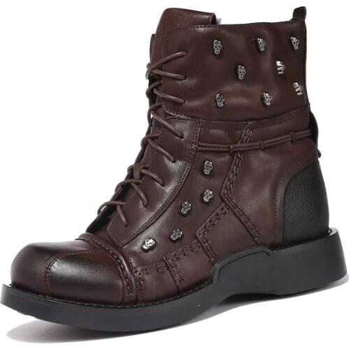 Mens Cowhide Genuine Leather Leather boots men shoes Motorcycle Boots Military Combat Boots Gothic Skull Steam Punk boots