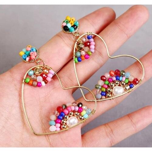 New Bohemia Earrings Hand Braided Seed Beads Heart Cutout Women`s Fashion Earrings