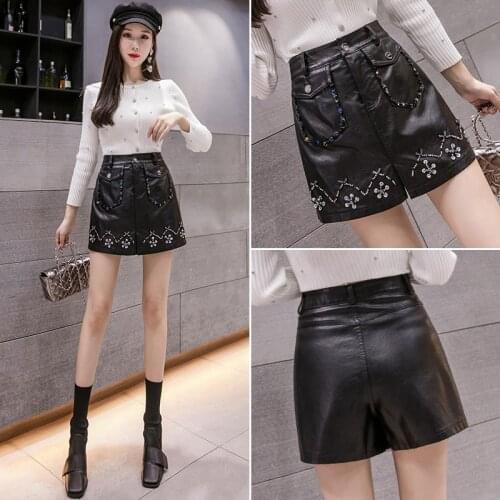 2020 autumn and winter new PU leather short skirt womens high waist slimming diamond sequined A-line leather shorts skirt