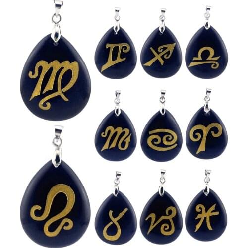 22x35mm Natural Stone Obsidian Water Drop Shape Twelve Constellation Necklace Pendant Constellation Guard Pendant DIY Necklace