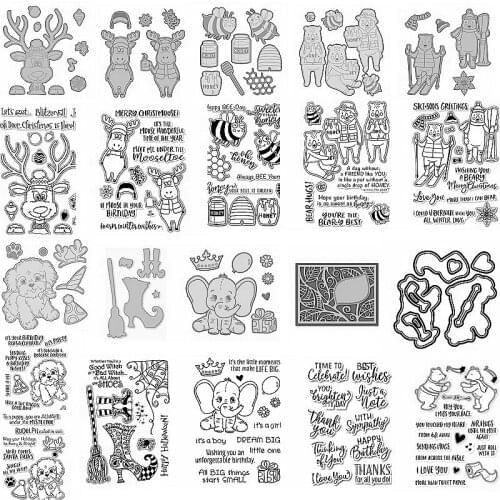 Merry Christams & Holloween Animals Deer Bear Bee Dog Letter Sentence Metal Cutting Dies Match Clear Silicone Stamps Make Cards