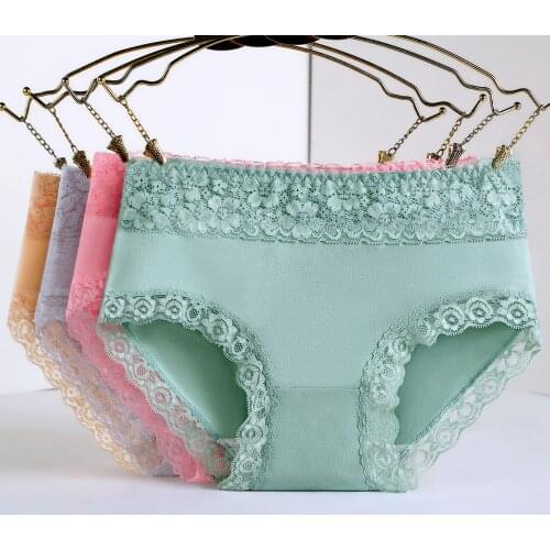 Sexy Lace Underpants Solid Cotton Briefs High Waist Panties Breathable Underwear Womens Antibacterial Lingerie Female Intimates